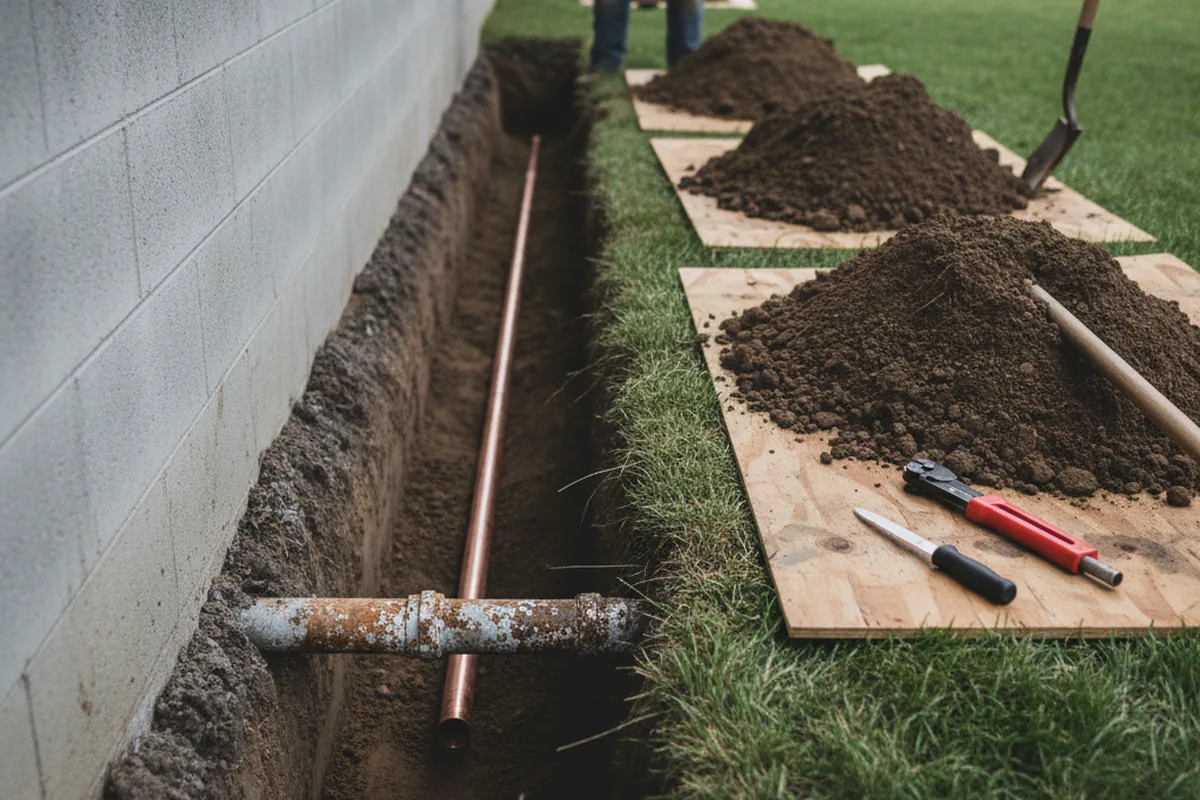 Excavated water line trench during Water Heater Repair in Mead